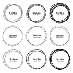 Set of 9 Hand Drawn Scribble Circles. Vector illustration