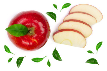 red apples with slices decorated with green leaves isolated on white background top view. Set or collection. Flat lay