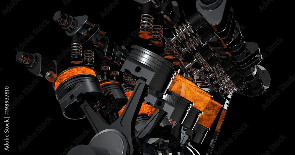 Poster 3d model of a working V8 engine with explosions. Pistons and other mechanical parts are in motion.