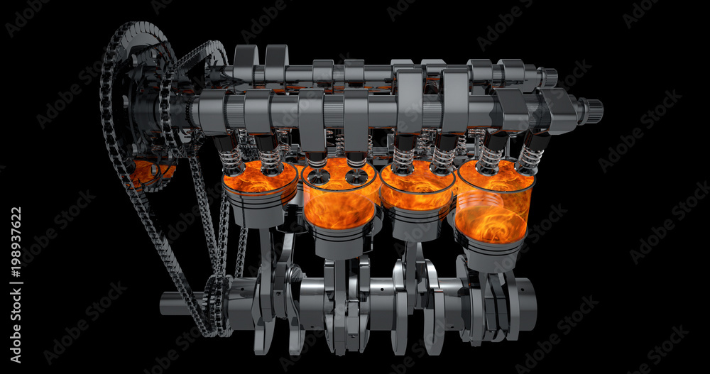 Poster 3d model of a working V8 engine with explosions. Pistons and other mechanical parts are in motion.