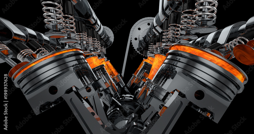 Leinwandbilder CG model of a working V8 engine with explosions. Pistons and other mechanical parts are in motion.