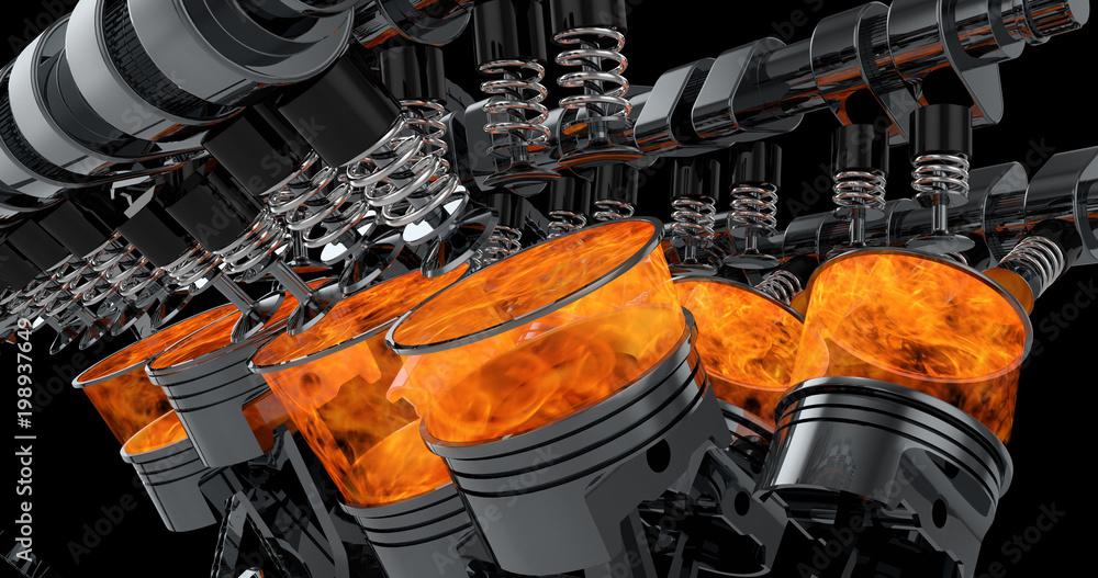 Leinwandbilder CG model of a working V8 engine with explosions. Pistons and other mechanical parts are in motion.