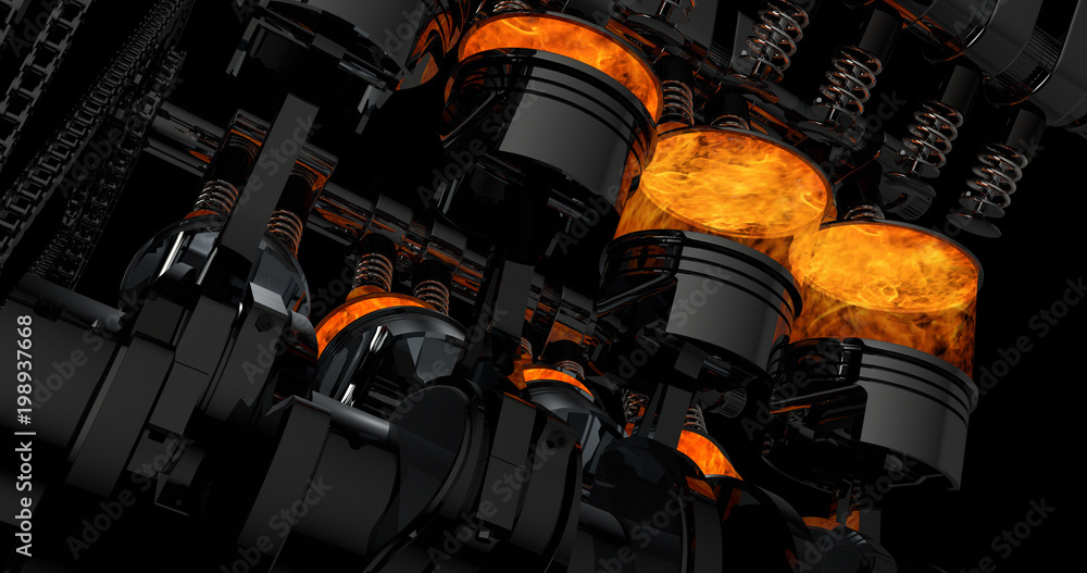 Leinwandbilder CG model of a working V8 engine with explosions. Pistons and other mechanical parts are in motion.