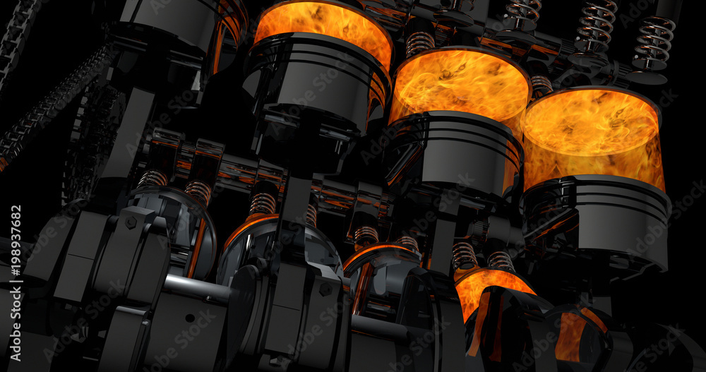 Poster CG model of a working V8 engine with explosions. Pistons and other mechanical parts are in motion.