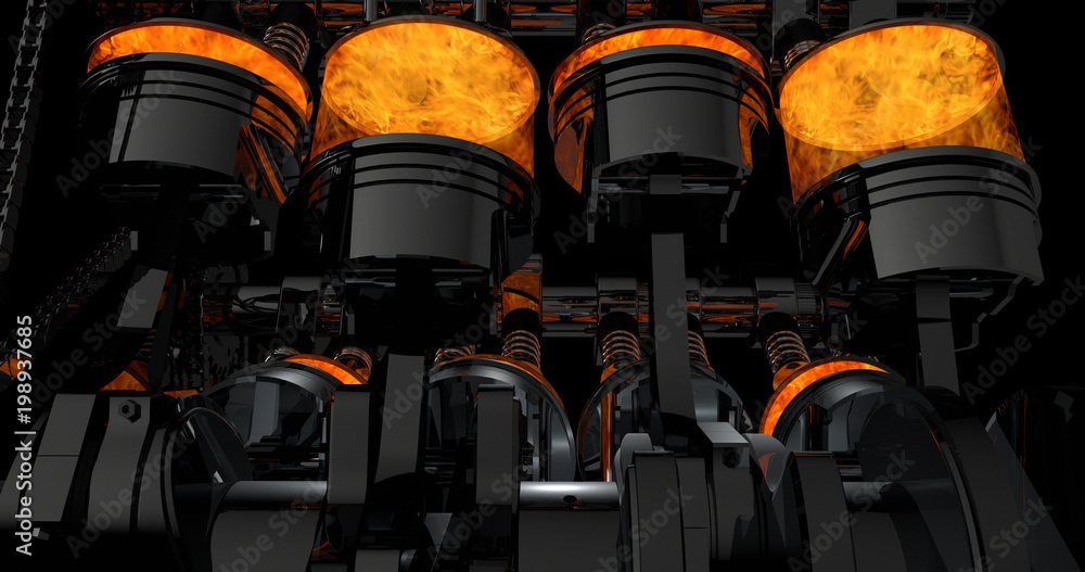 Poster CG model of a working V8 engine with explosions. Pistons and other mechanical parts are in motion.