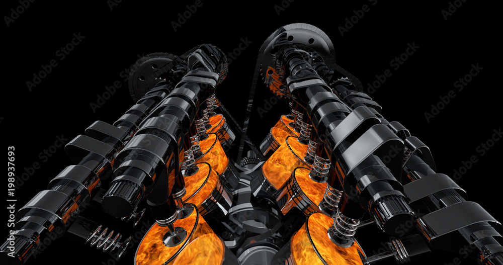 Poster CG model of a working V8 engine with explosions. Pistons and other mechanical parts are in motion.