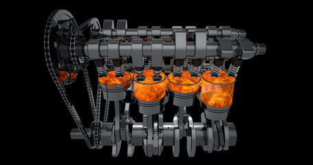 3d model of a working V8 engine with explosions. Pistons and other mechanical parts are in motion.
