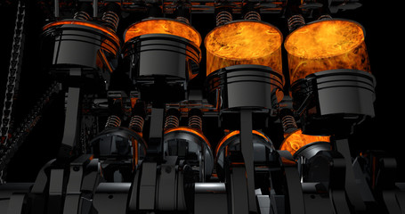 3d model of a working V8 engine with explosions. Pistons and other mechanical parts are in motion. - obrazy, fototapety, plakaty