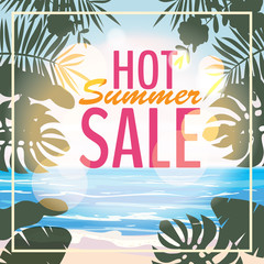 Fototapeta na wymiar Advertisement about the summer sale on background with beautiful tropical sea beach view, flowers, leaves. Vector illustration.