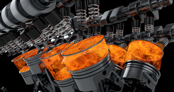 CG model of a working V8 engine with explosions. Pistons and other mechanical parts are in motion.