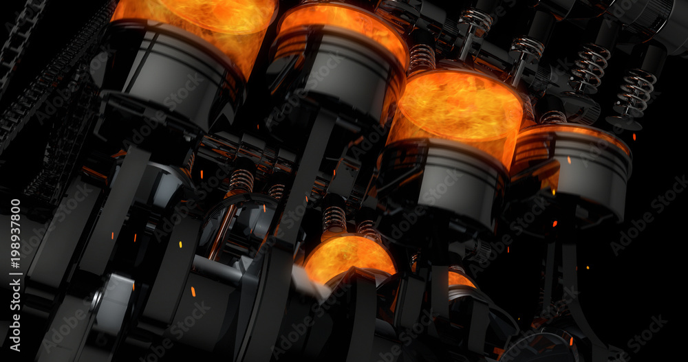 Poster CG model of a working V8 engine with explosions and sparks. Pistons and other mechanical parts are in motion.