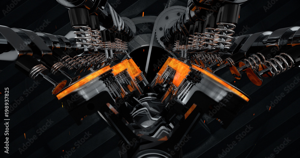 Poster cg model of a working v8 engine with explosions and sparks. pistons and other mechanical parts are i