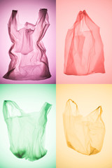 creative collage of various colorful empty plastic bags