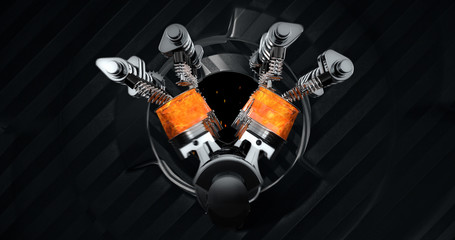 CG model of a working V8 engine with explosions and sparks. Pistons and other mechanical parts are in motion.