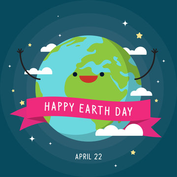 Happy Earth Day Vector Illustration. Cute Earth With Ribbon Banner On Space Background.