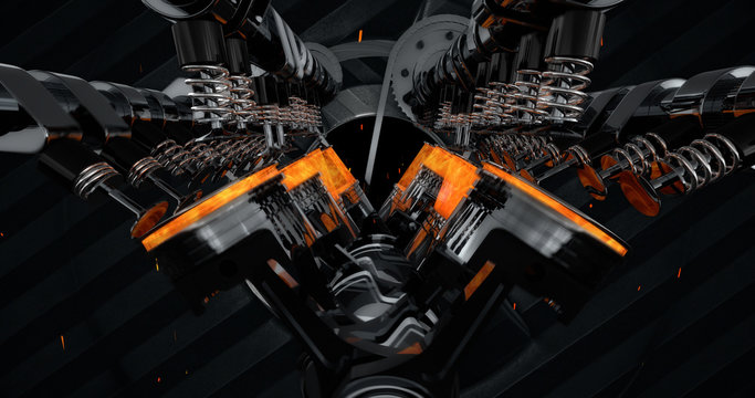 CG model of a working V8 engine with explosions and sparks. Pistons and other mechanical parts are in motion.