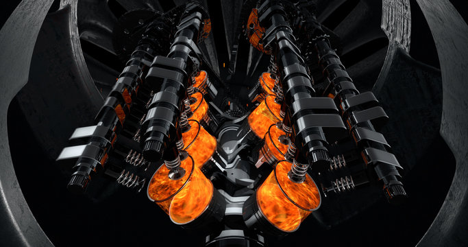 CG model of a working V8 engine with explosions and sparks inside of another machine. Pistons and other mechanical parts are in motion.
