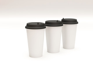 3d model of paper cups with a lid standing on a plane under natural light. White background. Rendering.