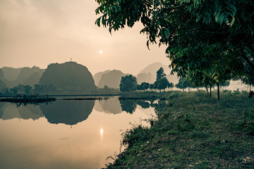 trees grow along the lake in vietnam