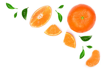 orange or tangerine with leaves isolated on white background with copy space for your text. Flat lay, top view