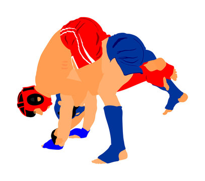 Two mma fighters vector illustration isolated on white background. Mixed martial arts battle. Wrestling, boxing, judo, karate and other skills. Self defense concept.