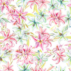 Seamless pattern with colorful lilies flower on white background. Watercolor set of blooming floral for wedding invitations and greeting card design