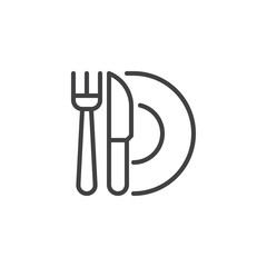Knife fork and plate outline icon. linear style sign for mobile concept and web design. Restaurant cutlery simple line vector icon. Food symbol, logo illustration. Pixel perfect vector graphics
