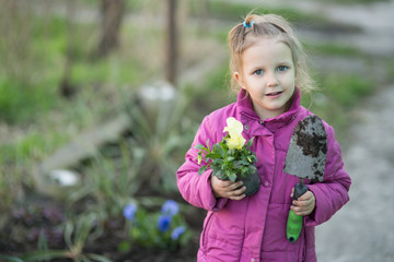  girl helps plant flowers