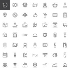Travel outline icons set. linear style symbols collection, line signs pack. vector graphics. Set includes icons as Restaurant, Camera, Credit card, Hotel, Compass, Plane, Passport, Wallet Ticket