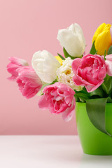 Tender blooming tulips in vase on pink background