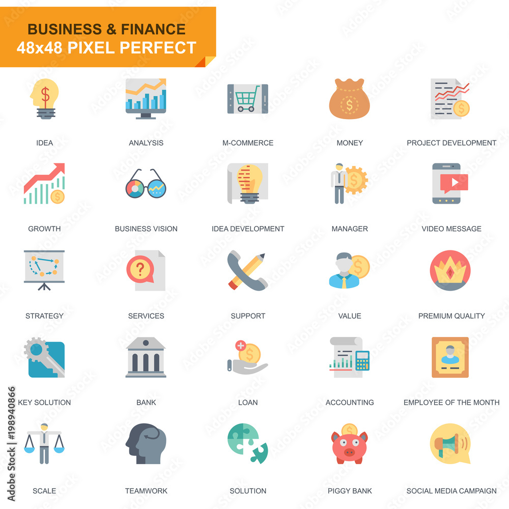 Poster simple set business and finance flat icons for website and mobile apps. contains such icons as analy