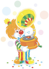 Obraz na płótnie Canvas Friendly smiling circus clown listening music from his old gramophone, a vector illustration in a cartoon style