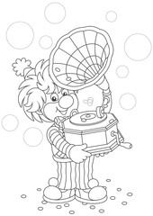 Friendly smiling circus clown listening music from his old gramophone, a black and white vector illustration in a cartoon style for a coloring book