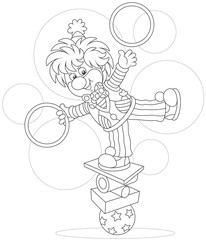 Circus show of a comic juggler - equilibrist. Friendly smiling clown balancing on several objects and juggling with hoops, a black and white vector illustration in a cartoon style for a coloring book