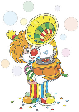 Friendly smiling circus clown listening music from his old gramophone, a vector illustration in a cartoon style