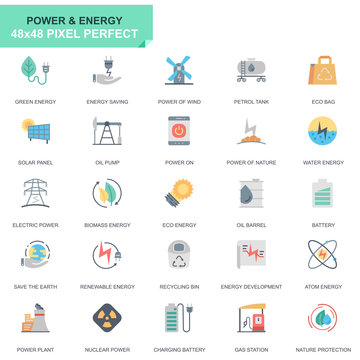 Simple Set Power Industry and Energy Flat Icons for Website and Mobile Apps. Contains such Icons as Solar Panel, Eco Energy, Power Plant. 48x48 Pixel Perfect. Editable Stroke. Vector illustration.