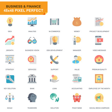 Simple Set Business and Finance Flat Icons for Website and Mobile Apps. Contains such Icons as Analysis, Money, Accounting, Strategy, Bank. 48x48 Pixel Perfect. Editable Stroke. Vector illustration.