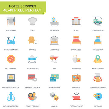 Simple Set Hotel Service Flat Icons for Website and Mobile Apps. Contains such Icons as Restaurant, Room Services, Reception. 48x48 Pixel Perfect. Editable Stroke. Vector illustration.