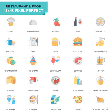 Simple Set Restaurant and Food Flat Icons for Website and Mobile Apps. Contains such Icons as Fast Food, Menu, Organic Fruit, Coffee Bar. 48x48 Pixel Perfect. Editable Stroke. Vector illustration.