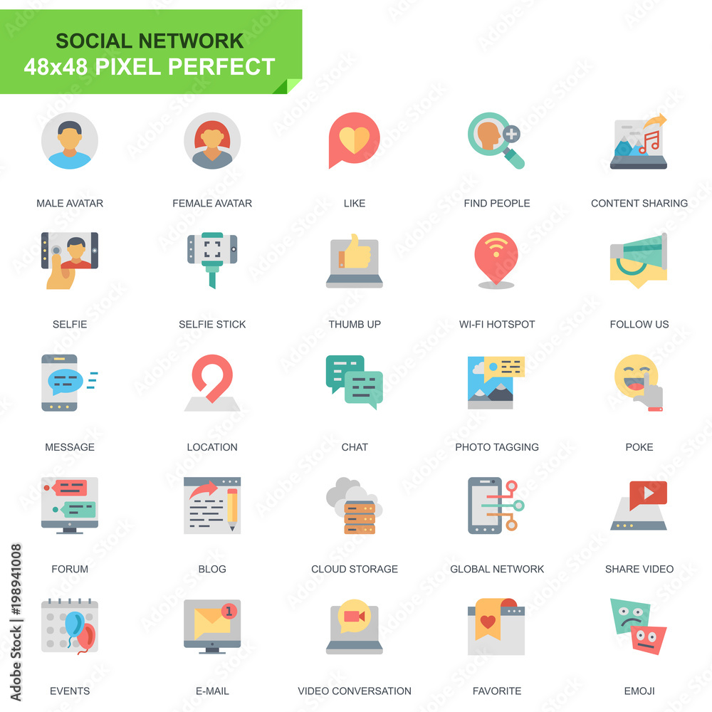 Poster simple set social media and network flat icons for website and mobile apps. contains such icons as a