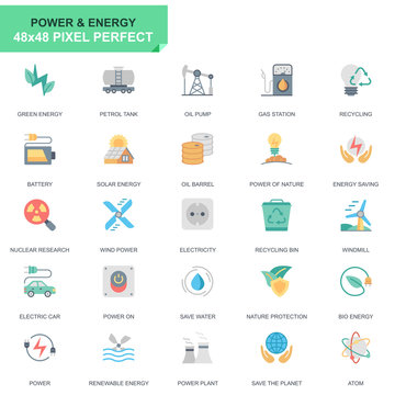 Simple Set Power Industry and Energy Flat Icons for Website and Mobile Apps. Contains such Icons as Recycling, Petrol Tank, Oil Pump. 48x48 Pixel Perfect. Editable Stroke. Vector illustration.