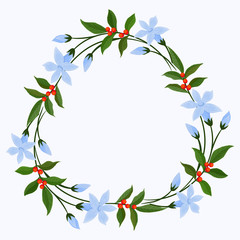 Circle of jasmin flowers wreath on white background with space for your text.