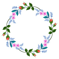 Fototapeta na wymiar Rosebud and pink flowers with green leaf wreath vector design with copy space for text.