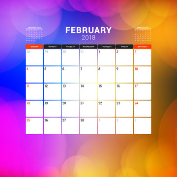 February 2018. Calendar planner design template with abstract background. Week starts on Sunday