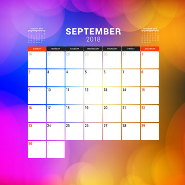 September 2018. Calendar planner design template with abstract background. Week starts on Sunday