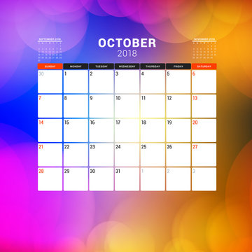 October 2018. Calendar planner design template with abstract background. Week starts on Sunday