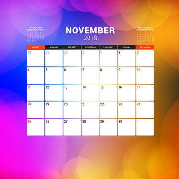 November 2018. Calendar planner design template with abstract background. Week starts on Sunday