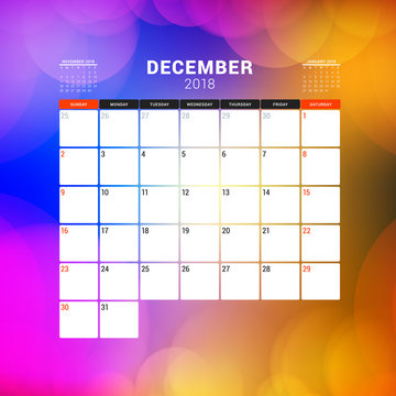 December 2018. Calendar planner design template with abstract background. Week starts on Sunday