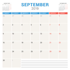 Calendar planner for September 2019. Week starts on Monday. Printable vector stationery design template