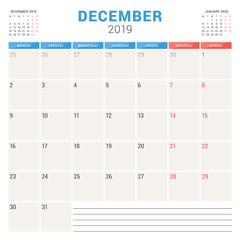 Calendar planner for December 2019. Week starts on Monday. Printable vector stationery design template